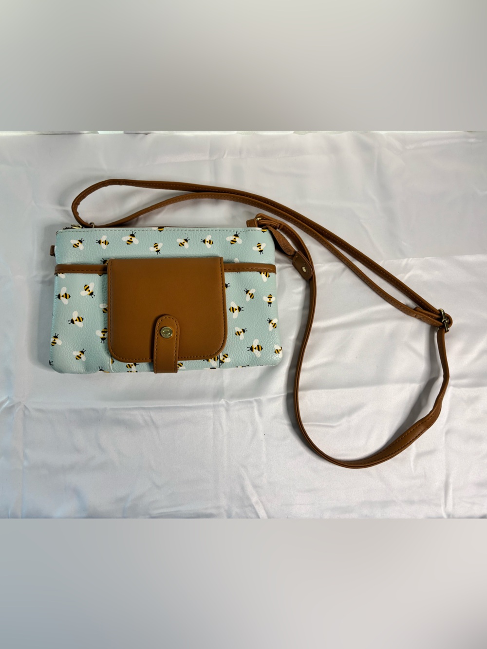 Light Blue Bee Print Crossbody with Brown Trim